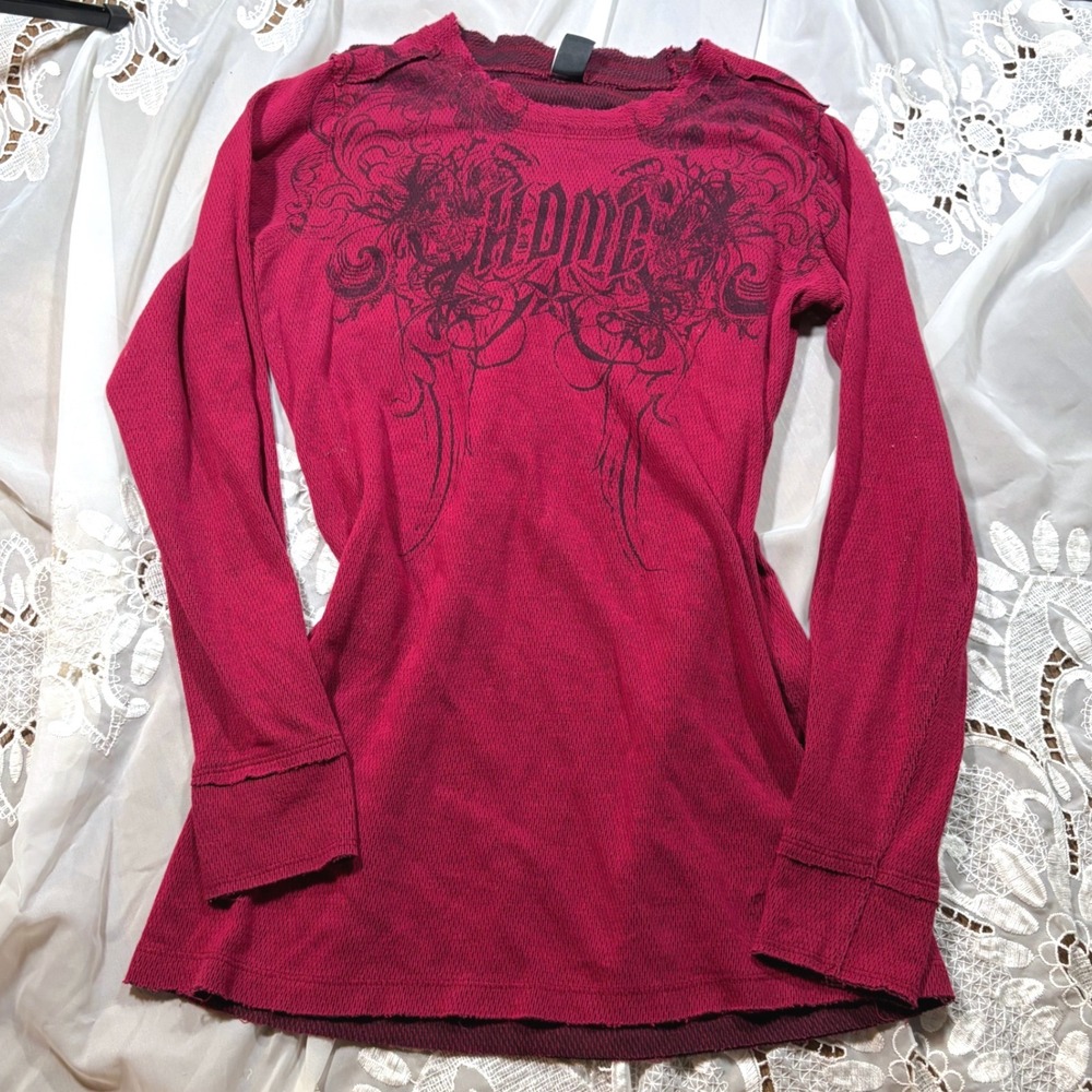 Y2K Grunge Goth Vintage Thermal Long Sleeve Shirt Burgundy Graphic Waffle Knit